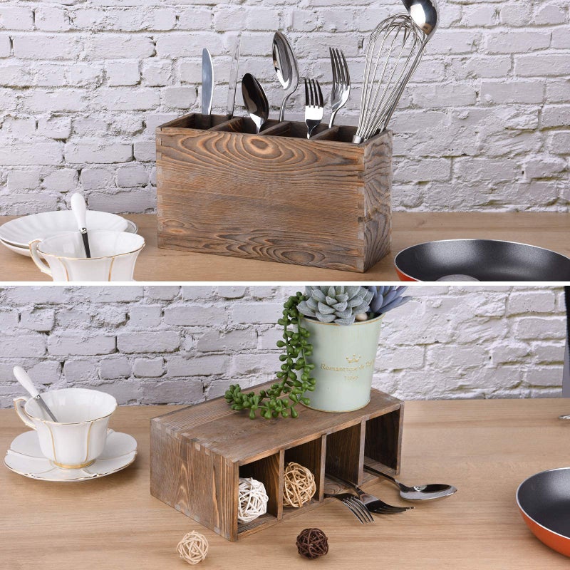 WuGeShop 4 Compartment Wooden Utensil Holder Organizer for Kitchen Countertop Organizer and Cooking Tools Storage - Image 5